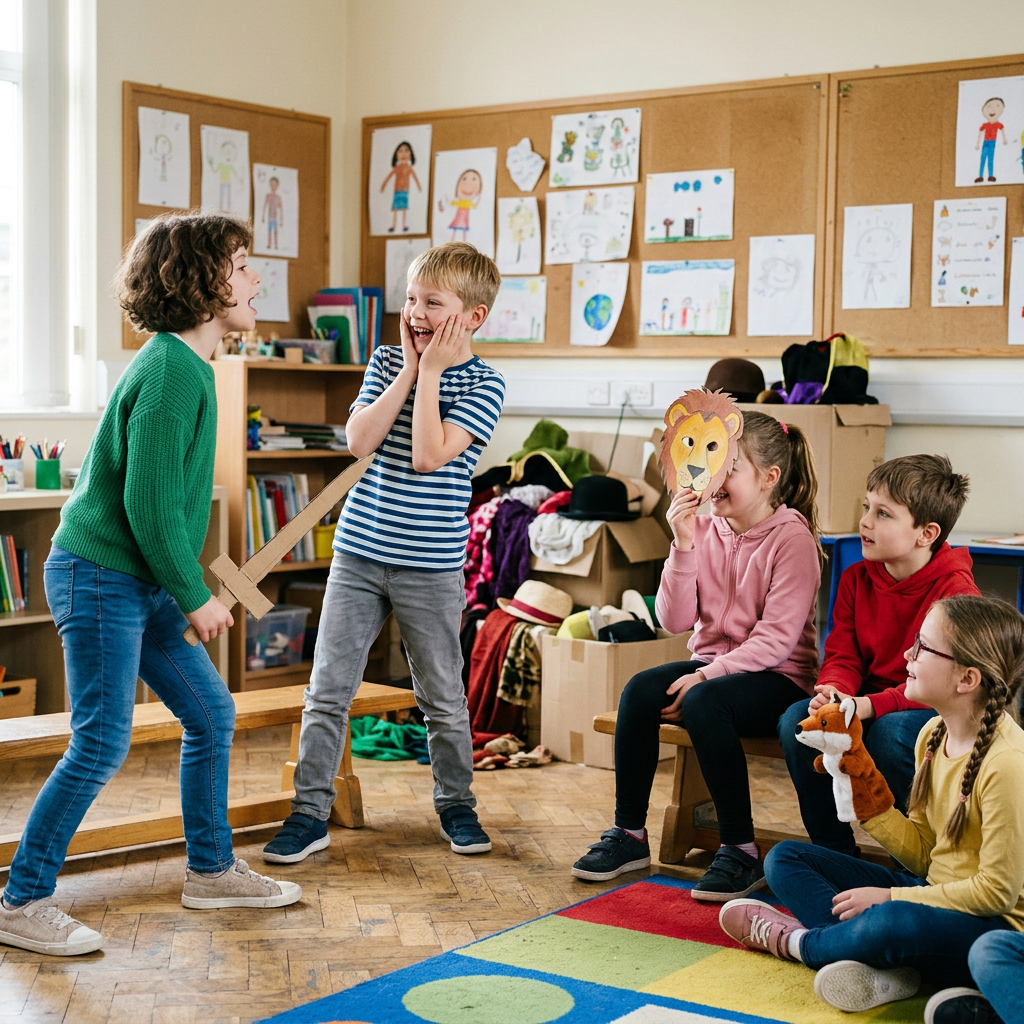 Children performing a play with props, including a cardboard sword and a lion mask