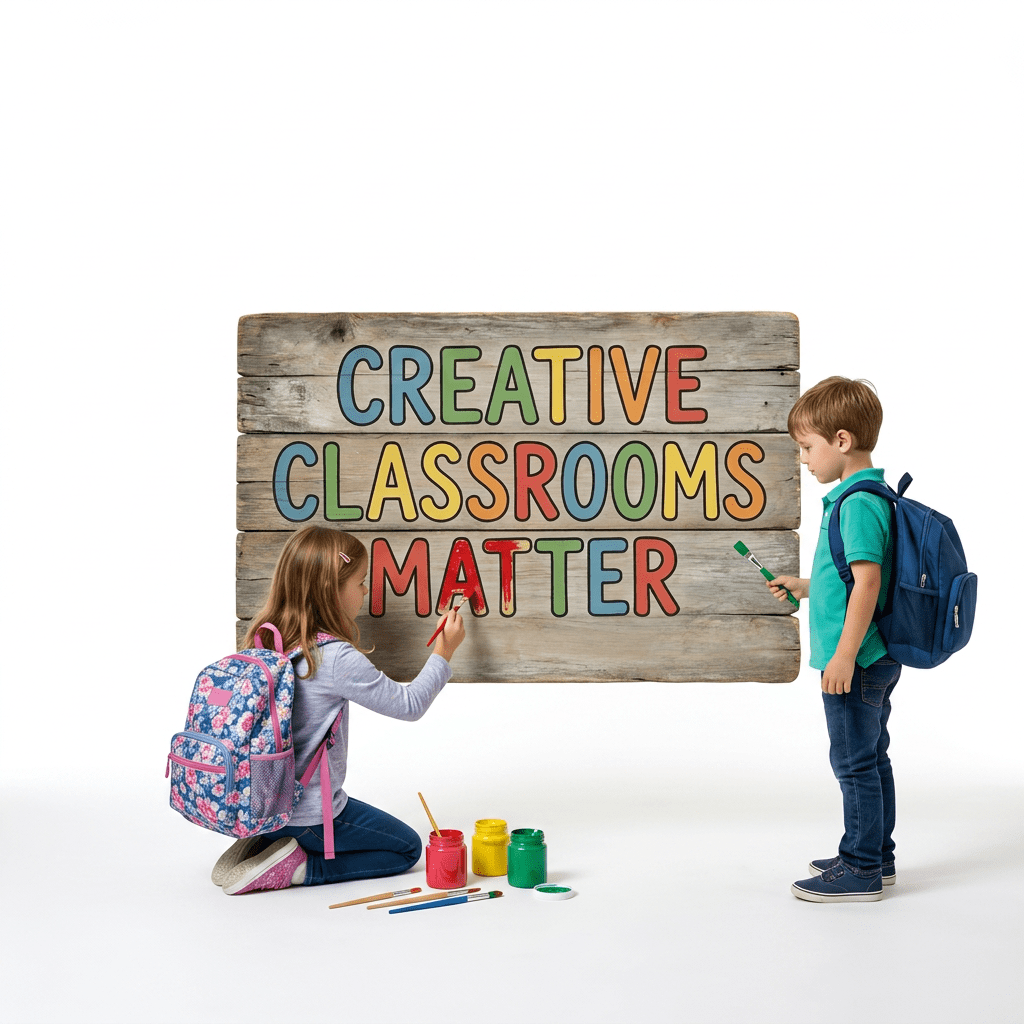 Two children with backpacks entering an elementary school building under a large sign that reads 'Creative Classrooms Matter. Empowering expression, inspiring minds.'