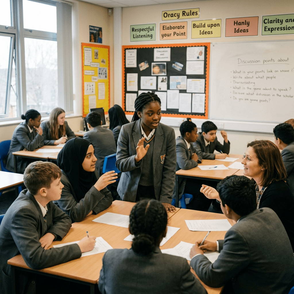 Students in school uniforms discussing around tables in a classroom with a teacher facilitating.