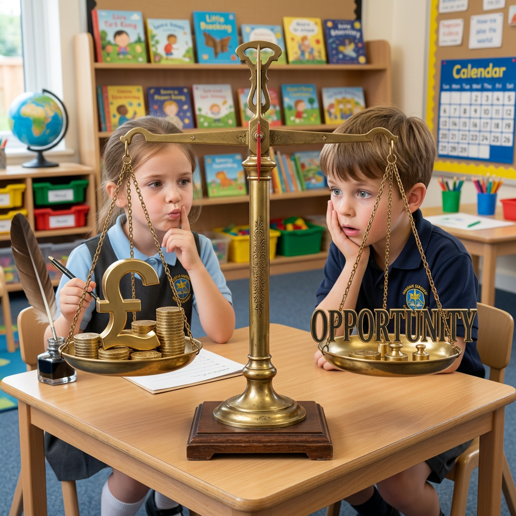 Brass balance scale with gold dollar sign and coins on one side and word 'OPPORTUNITY' on the other side