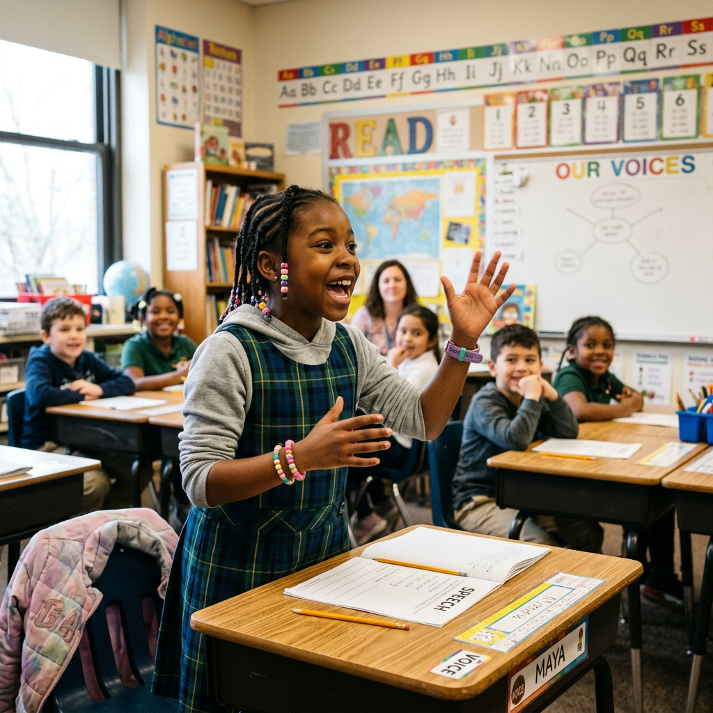 Young girl giving a speech in elementary classroom with classmates listening